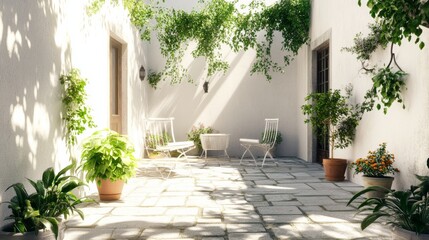 Fototapeta premium 3D rendering of a beautiful garden courtyard with white walls and potted plants.