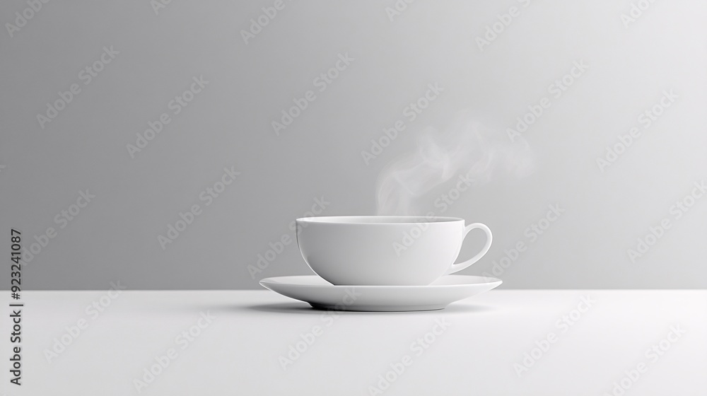 Poster a single coffee cup with steam rising softly placed against a minimalist white background the image 
