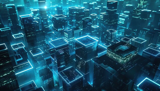 A futuristic cityscape made of glowing blue cubes