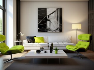 Modern living room interior with white sofa, green armchairs and black and white artwork.
