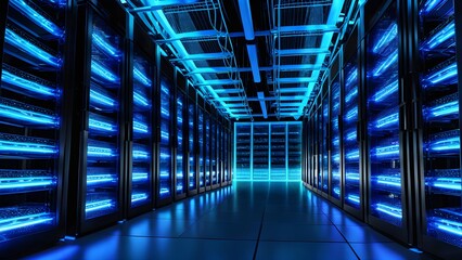 A large room with many blue computer servers