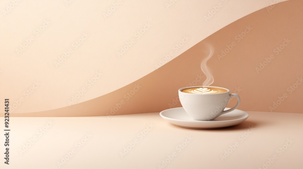 Poster A single coffee cup with rising steam captured in a minimalist style against a pristine background The image is simple yet elegant with a focus on a limited color palette of whites and beiges Stock