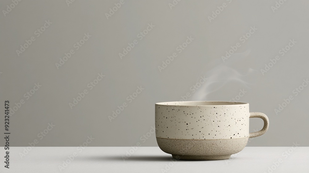Poster a minimalist image featuring a coffee cup with steam drifting upwards set against a clean white back