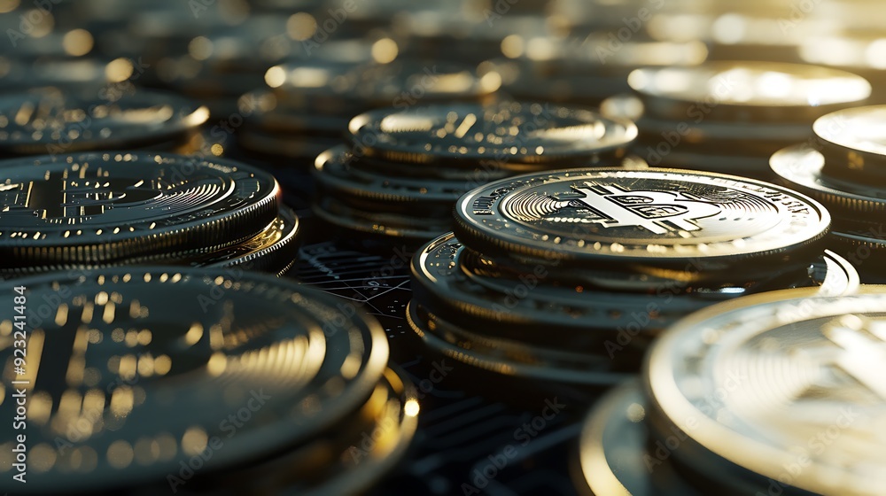 Poster close-up of multiple stacks of bitcoin coins. the coins are shiny and golden, and the stacks are arr