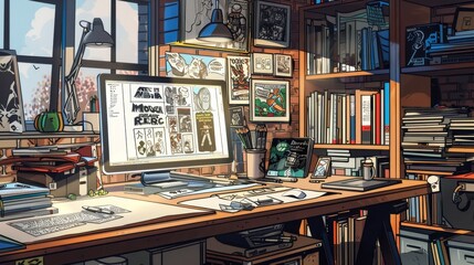 Creative Chaos Digital Drawing Screen Comic Panels and Graphic Novels in a Comic Artist's Workspace