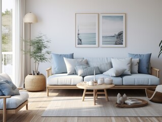 Modern living room with a blue couch, wooden coffee table, and natural light.