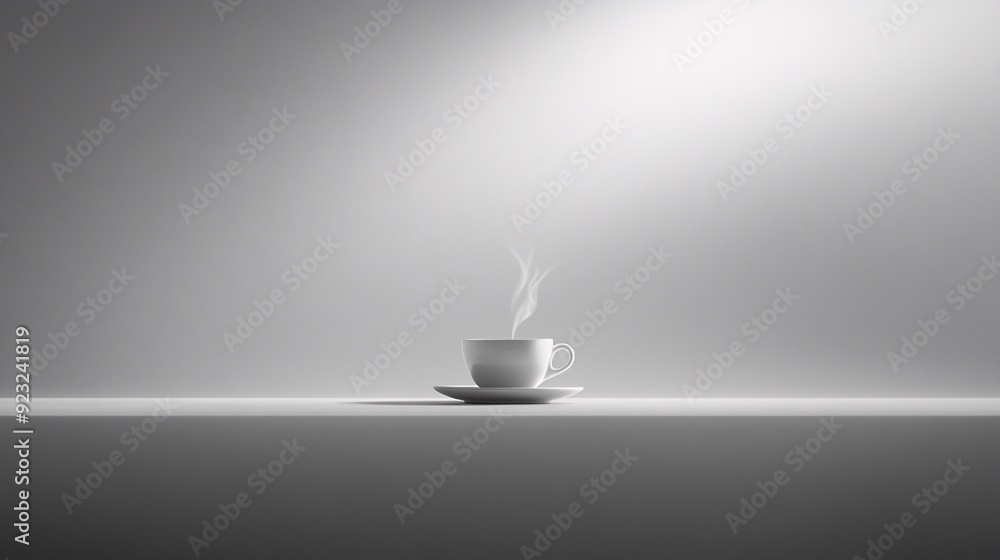 Poster A sleek minimalist photograph of a single coffee cup with steam rising set against a plain white background The image's focus on whites and beiges with a pop of color from the cup creates a serene