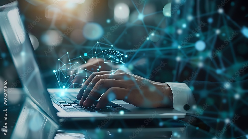 Poster person typing on a laptop, with a network of connections digitally represented in the air around the