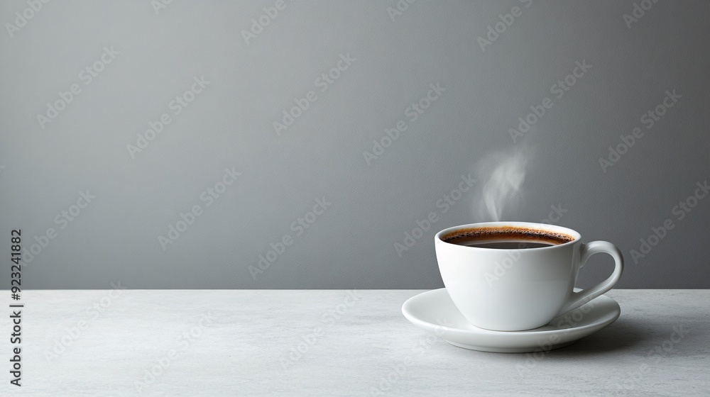 Poster a sleek minimalist photograph of a single coffee cup with steam rising set against a plain white bac