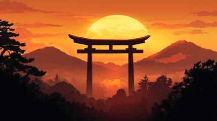 japanese torii gate anime style with sunrise