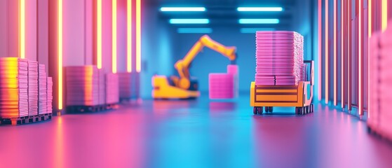 A modern warehouse with automation. Bright neon lights and robotic arms organizing stacked pallets create an advanced logistics environment.