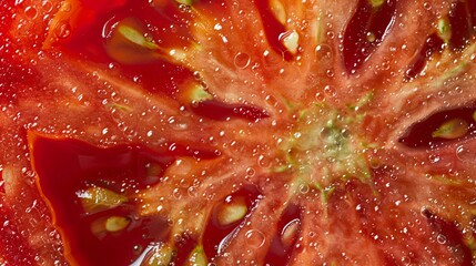 Detailed close up of a tomato slice with seeds and pulp clearly visible, ultra-clear
