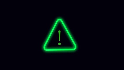 glow neon tringle warning icon animation. risk signal alert, danger icon, stop or  problem road sign  on black background.