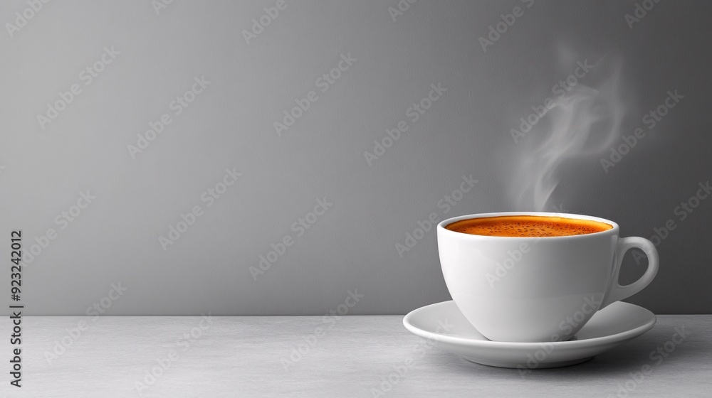Poster A minimalist image of a coffee cup with steam rising set against a sleek white background The image uses a restrained palette of whites and beiges with the cup adding a pop of color Stock Photo with