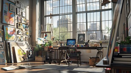 Modern Artist's Sanctuary Laptop Brushes and Urban Views in Sunlit Loft
