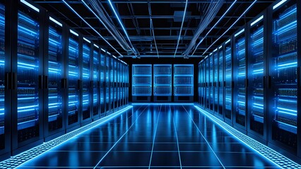 A large room with blue lights and rows of computer servers