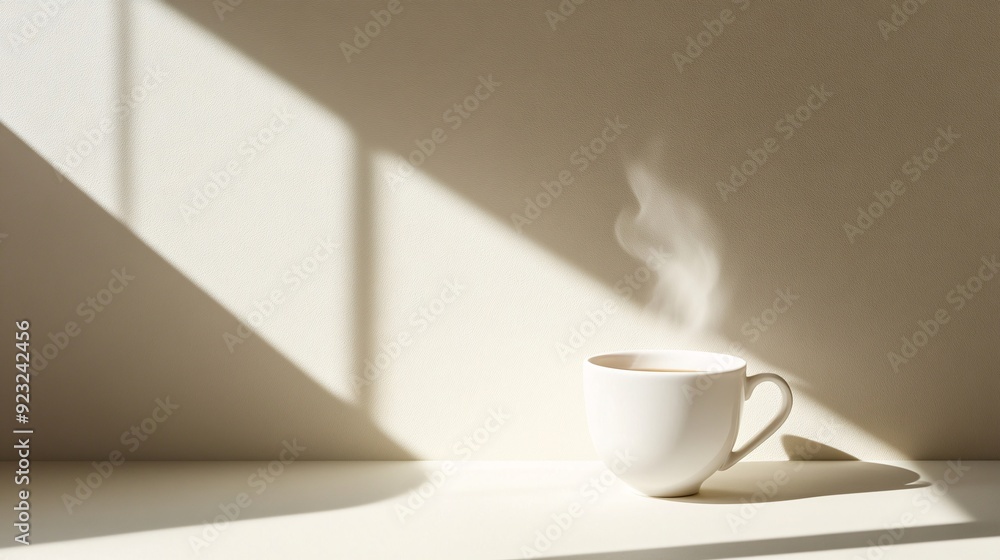 Poster a clean minimalist photograph of a single coffee cup with steam rising against a plain background th