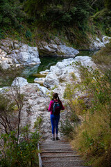 Obraz premium hiker girl enjoys the unique scenery of pelorus bridge scenic reserve in marlborough region of new zealand south island; famous pelorus bridge