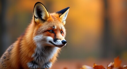 Fototapeta premium Vibrant autumn scene featuring graceful red fox, playful demeanor, lush foliage, wildlife photography, captivating mood, copy space ideal for text.