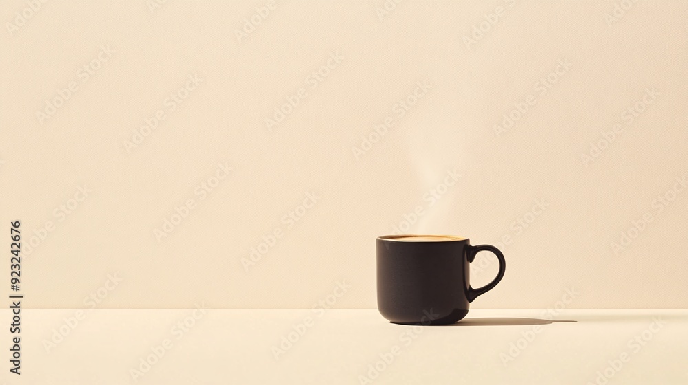 Poster a minimalist modern image featuring a coffee cup with steam rising set against a clean white backdro