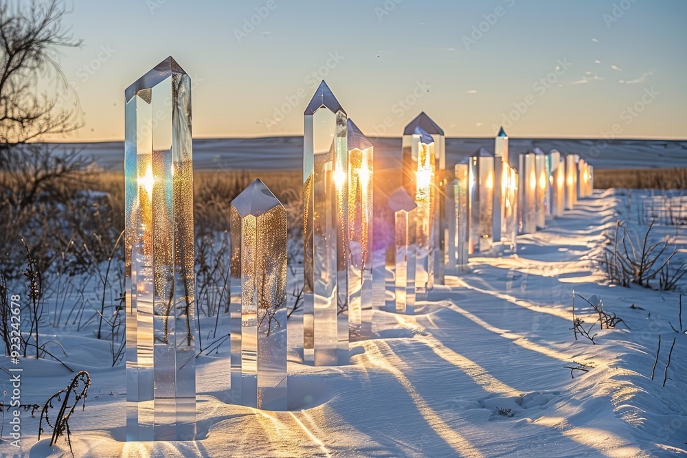 Aufkleber translucent crystal structures reflecting sunlight on a snowy landscape during golden hour near a va