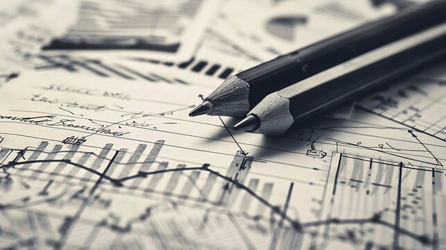 Two pencils laying on sheet of paper with charts and graphs for representing analysis business planning financial data strategy development and creative workflow concept.