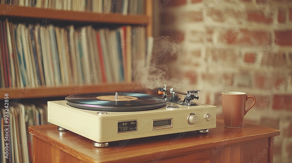 Poster a retro-styled image of a vinyl record player on a wooden coffee table surrounded by classic records
