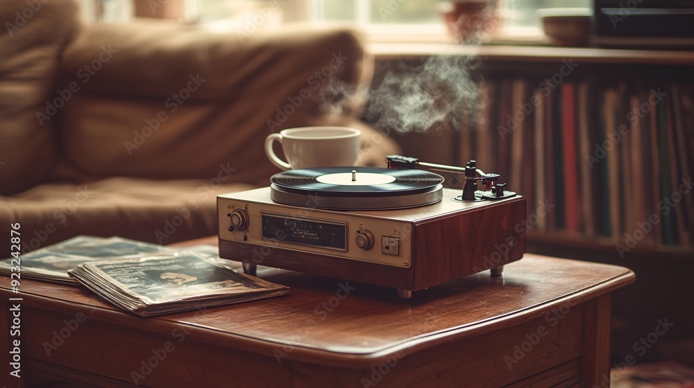 Poster a retro-styled image of a vinyl record player on a wooden coffee table surrounded by classic records