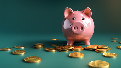 there is a piggy bank with coins scattered around it