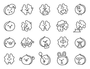 Cute kawaii walnut with funny face. Coloring Page. Adorable cartoon food character. Hand drawn style. Vector drawing. Collection of design elements.