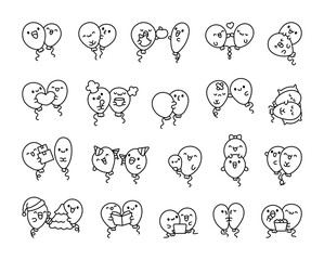 Cute kawaii balloon couple. Coloring Page. Funny friends cartoon characters. Hand drawn style. Vector drawing. Collection of design elements.