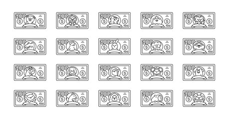 Dollar bills with animals. Coloring Page. Different monetary banknotes. Hand drawn style. Vector drawing. Collection of design elements.