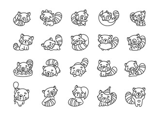 Funny Himalayan raccoon panda in different poses and actions. Coloring Page. Hand drawn style. Vector drawing. Collection of design elements. © palau83