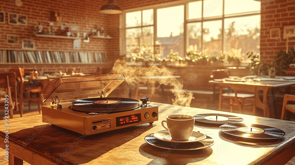 Poster a cozy and nostalgic scene featuring a vinyl record player on a coffee table with classic records sc