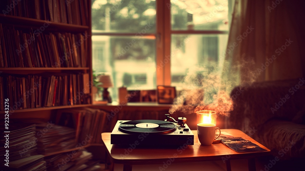 Poster a cozy and nostalgic scene featuring a vinyl record player on a coffee table with classic records sc