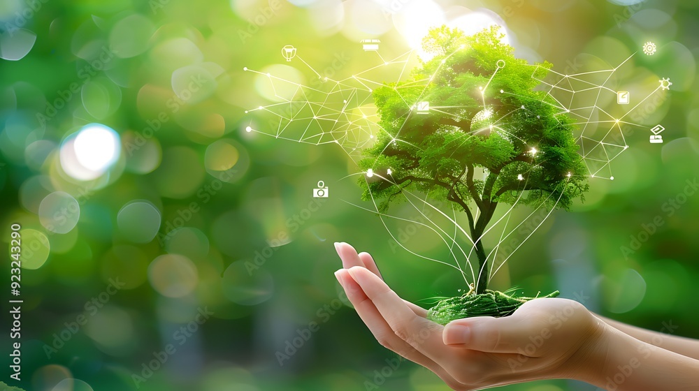 Poster pair of hands holding a small tree, surrounded by interconnected icons representing technology, symb