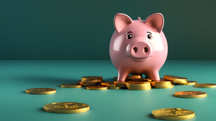 there is a piggy bank sitting on top of a pile of coins