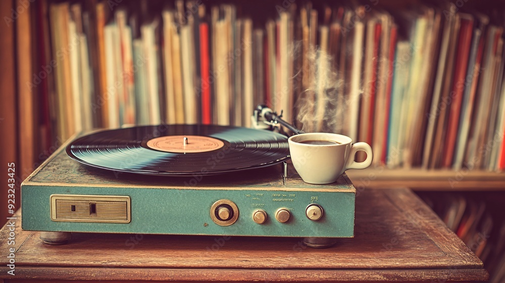 Poster a cozy and nostalgic scene featuring a vinyl record player on a coffee table with classic records sc