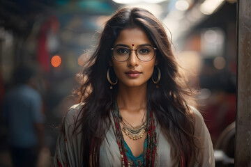 Obraz premium woman with glasses and a necklace standing in a street