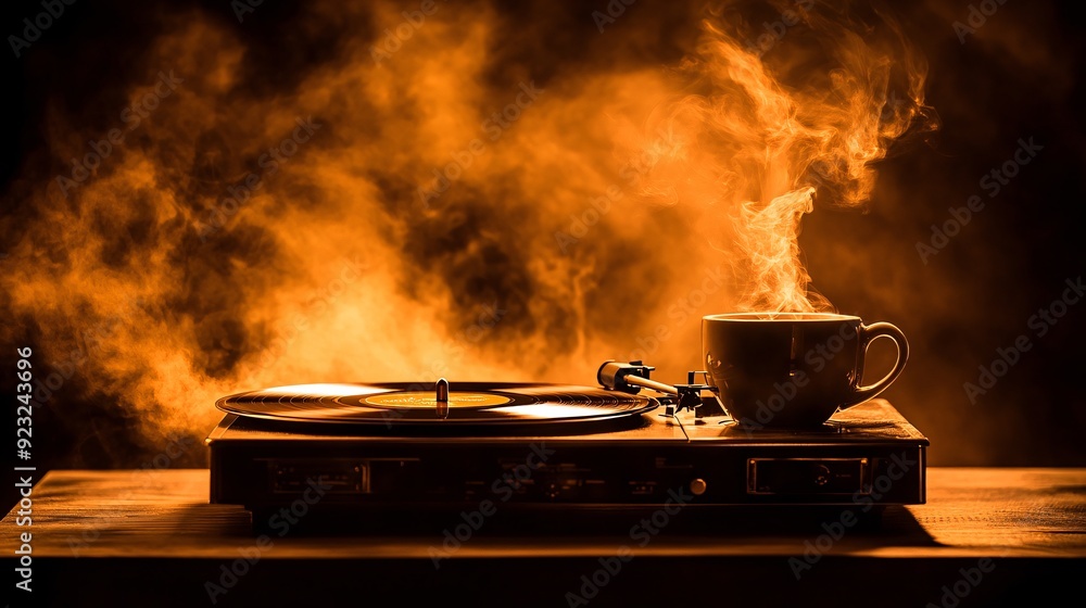 Poster a vintage vinyl record player on a coffee table with old records and a hot cup of coffee set against