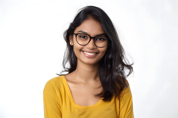 Fototapeta premium Happy smiling student Indian woman in glasses portrait isolated on white