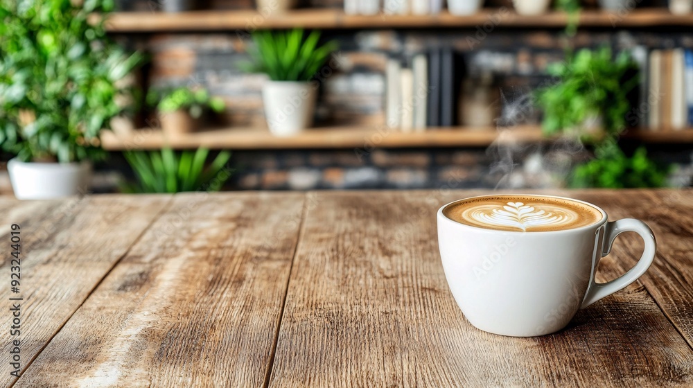 Poster a cozy cafe interior with warm earth tones featuring a steaming cup of coffee placed on a rustic woo