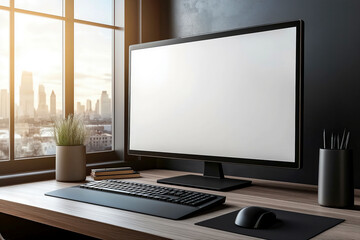 Fototapeta premium Desktop computer on a desk next to a window.