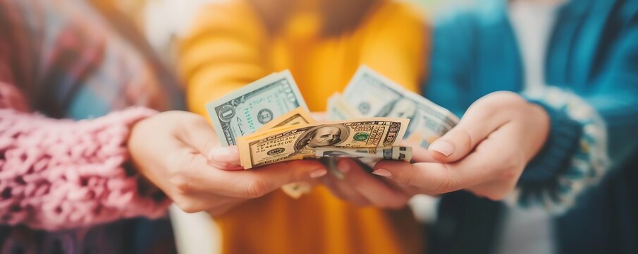 Hands of different people holding various currencies, symbolizing global trade, diversity in exchange, forex market