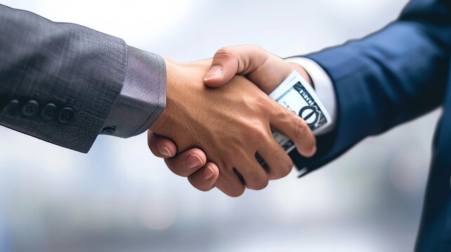 Hands shaking with currency notes passing between them, international trade, financial exchange