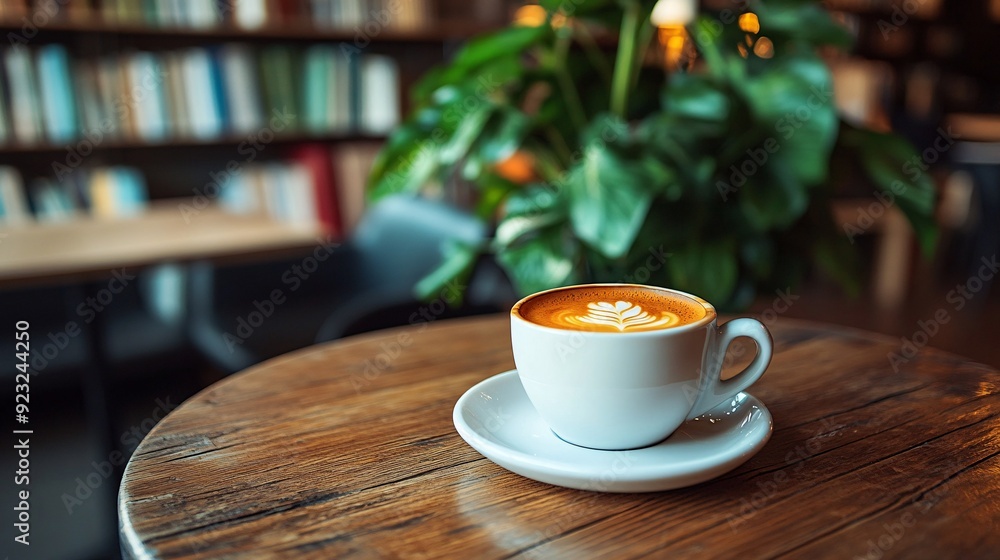 Poster A close-up of a cup of coffee on a worn wooden table in a warmly lit cafe The background shows a softly blurred image of bookshelves and leafy green plants creating a calm and inviting environment