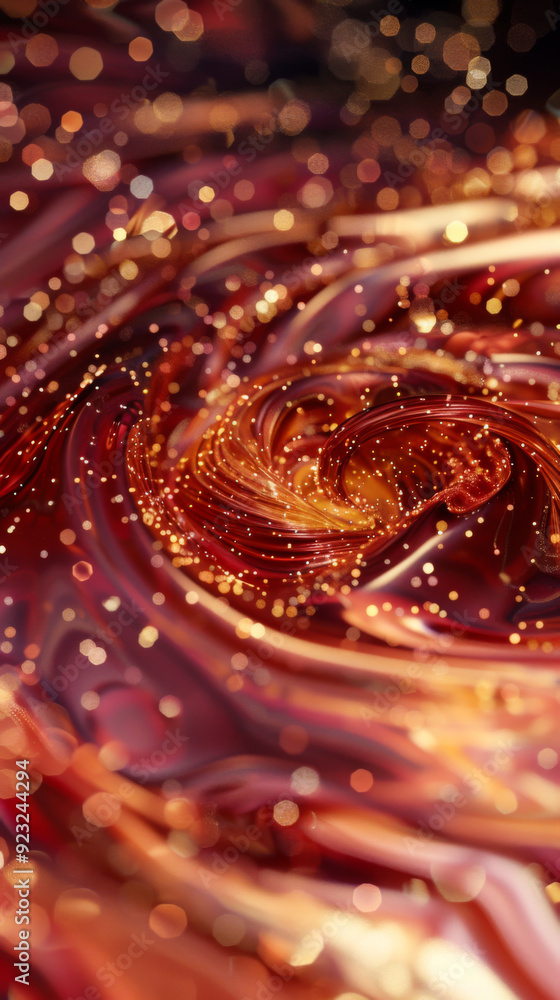 Poster close-up of liquid texture in red and gold tones. abstract background. copy space. shiny semicircula