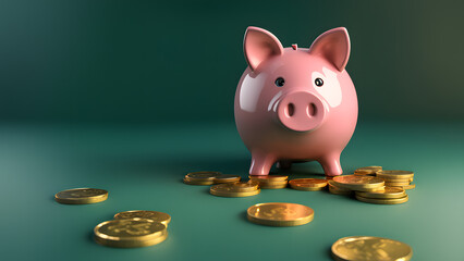 there is a piggy bank with coins on a green surface