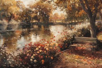 oil painting of an idyllic autumn scene in brown and beige tones, featuring a tranquil pond, a wooden bench, and autumn flowers in a peaceful park. warm, earthy colors 