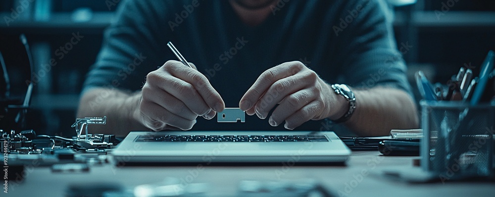 Poster a close-up of a hackerâ€™s hand inserting a usb drive into a laptop, surrounded by other tools, with